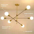 Pendente de Teto Lustre 6 Hastes Ajustável Átomo Preto Dourado Lâmpada E27 Moderno Minimalista