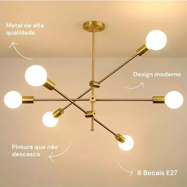 Pendente de Teto Lustre 6 Hastes Ajustável Átomo Preto Dourado Lâmpada E27 Moderno Minimalista