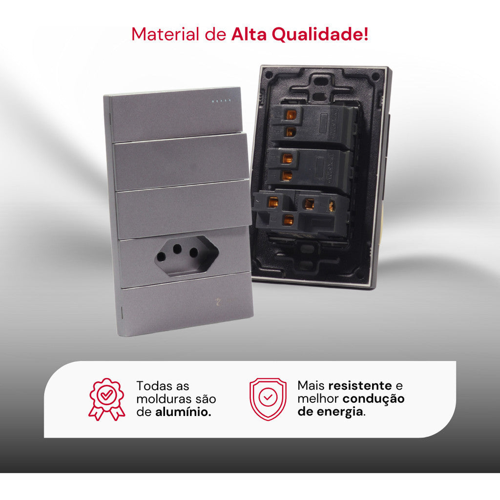 Conjunto 2 Interruptores Unipolar 4x2 Tomada 110v 10a Cinza Fosco Inclui Placa