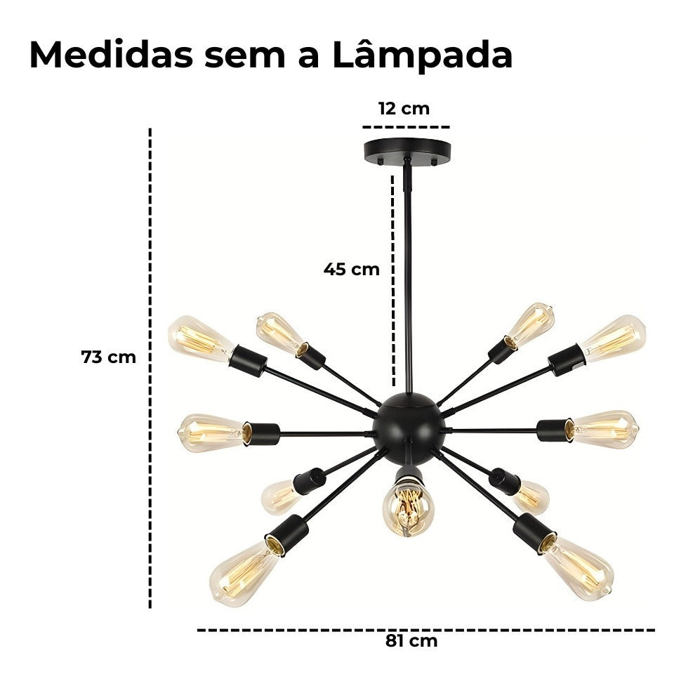Lustre Pendente Sputnik Preto Moderna 12 Hastes Átomo Sala 127/220v